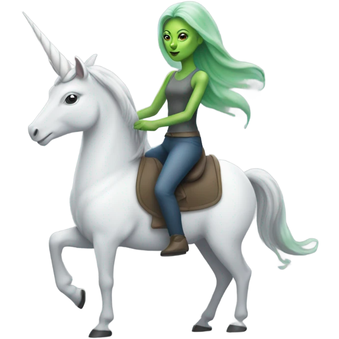 a green alien woman, on a grey and white unicorn emoji