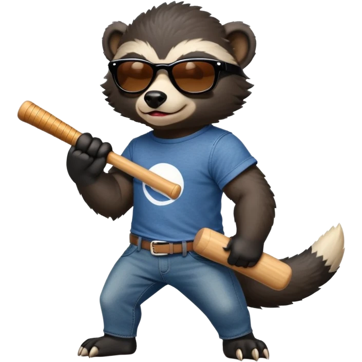 mischievous anthropomorphised honey badger in jeans and a t-shirt, wearing sunglasses, holding a baseball bat over shoulder emoji