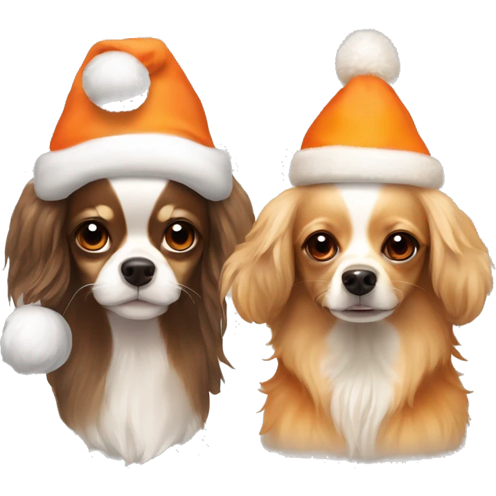 2 firiend dogs, chihuahua with long hair, with beige color fur and orange lights. And cocer spaniel with orange fur. They are in christmas hats emoji