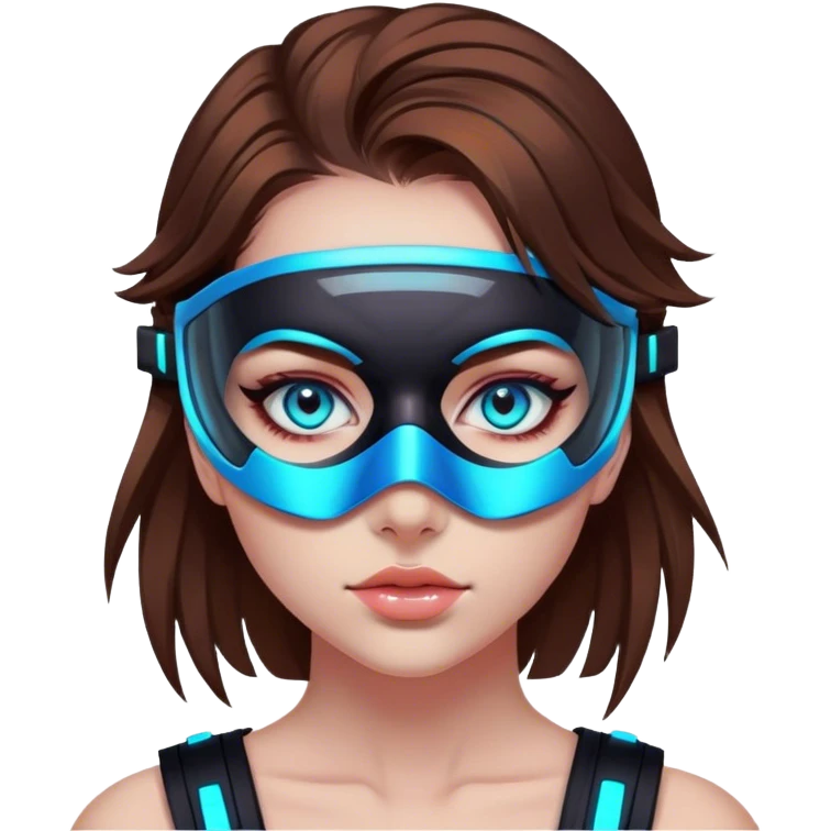 neon cyberpunk style 
girl with brown hair and blue eyes wearing a mask emoji