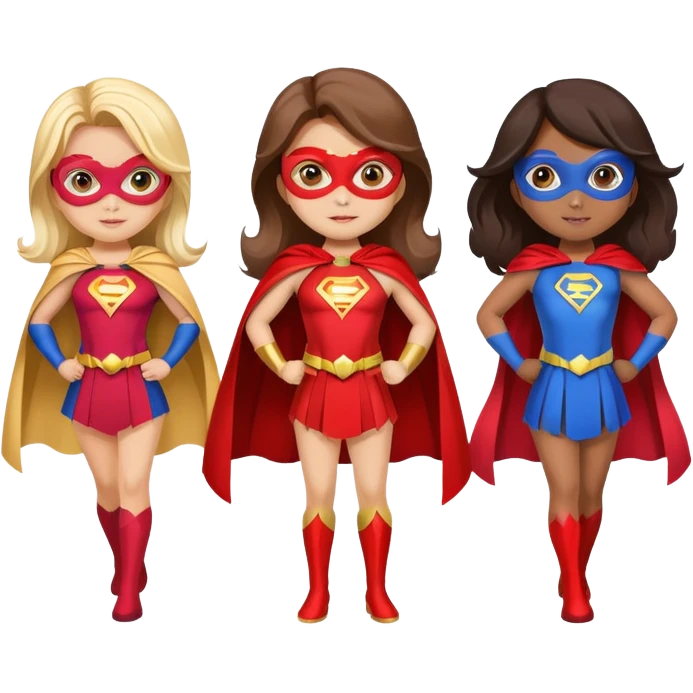 three superhero girls with capes and masks in different colors emoji
