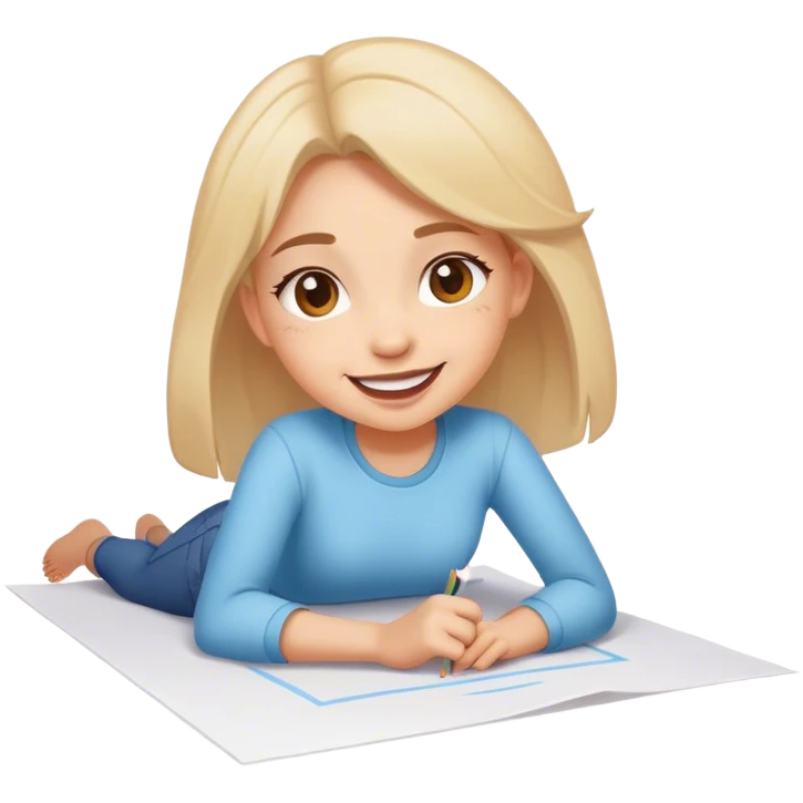 cheerful girl draws on a sheet of paper on the ground emoji