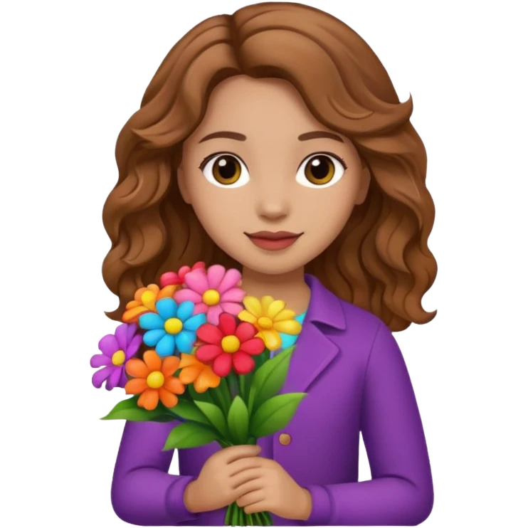 Niña con un ramo de flores que sea castaña con cabello ondulado  emoji