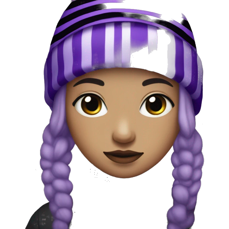 with neon purple eyes and short, dull purple hair. She wears a black striped beanie with a glittery bobble at the tip, and black boots with long, dark purple light purple striped socks. She  emoji