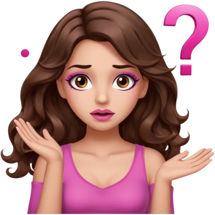 girl with long wavy brown hair, brown eyes, long lashes makeup, sexy pink lips, light to medium complexion, pink sexy top,, shrugging with both hands, confused, question mark emoji