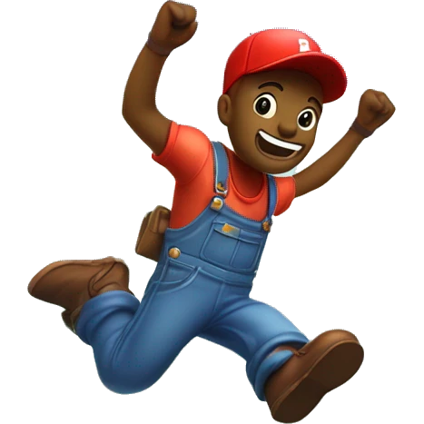 Create a cheerful character with a round face, red cap, blue overalls, and brown shoes, jumping in a vibrant fantasy landscape with green hills and floating blocks, evoking retro platformer games. emoji