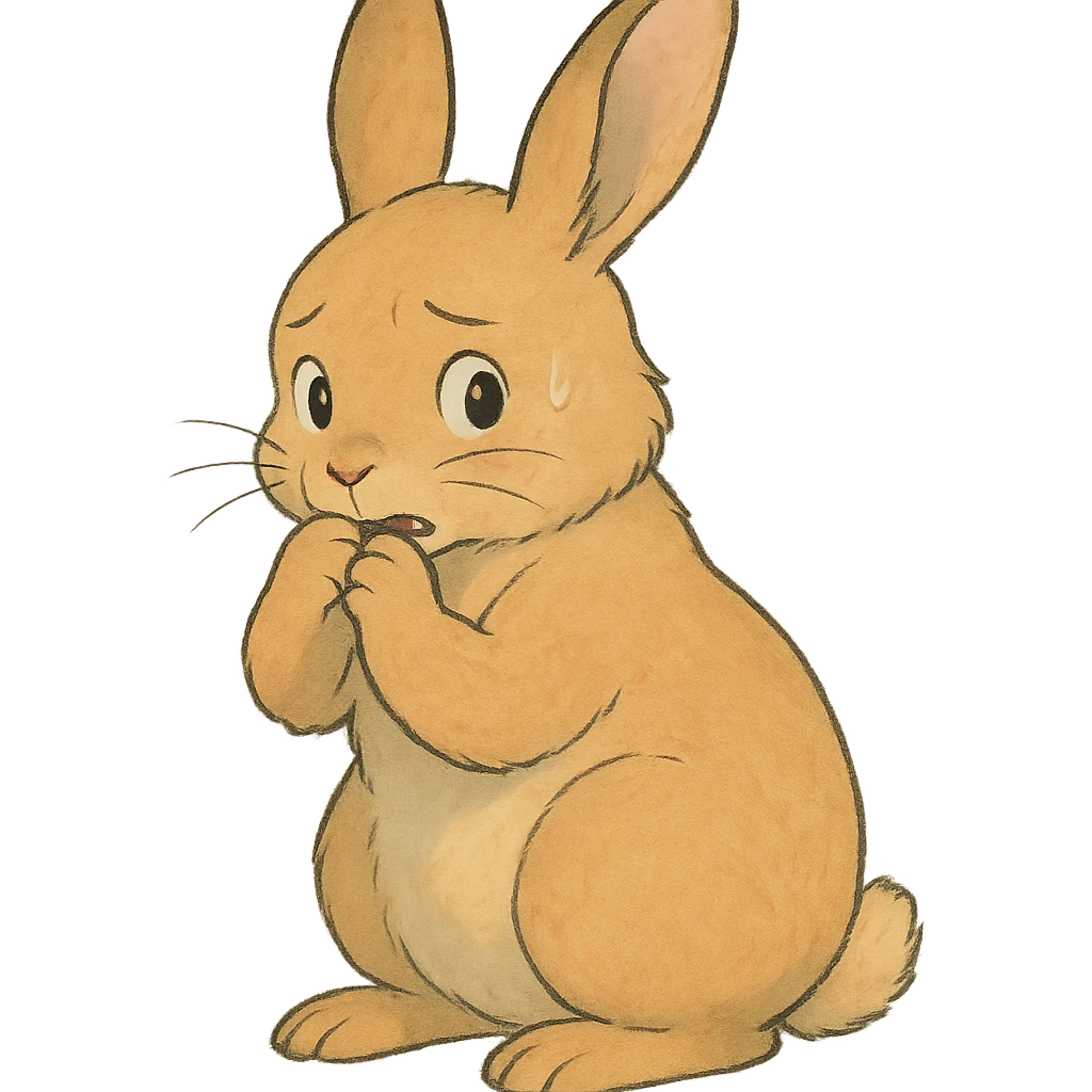 apricot bunny biting paw nervously, full body, soft Ghibli style emoji