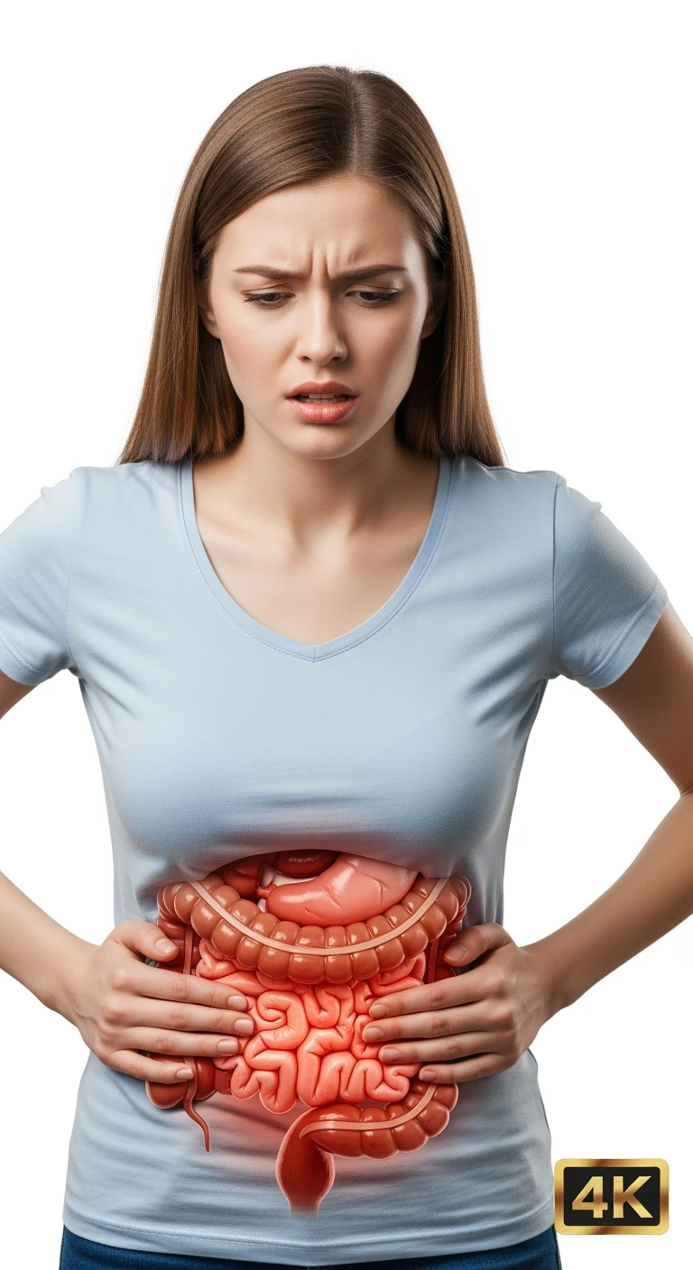 UNA DONNA REALISTICA con mal di pancia, INTESTINO ANATOMICO INFIAMMATO VISIBILE, MAL DI PANCIA, posa frontale, ISOLATA SU SFONDO BIANCO, IPERREALISTICA 4K emoji