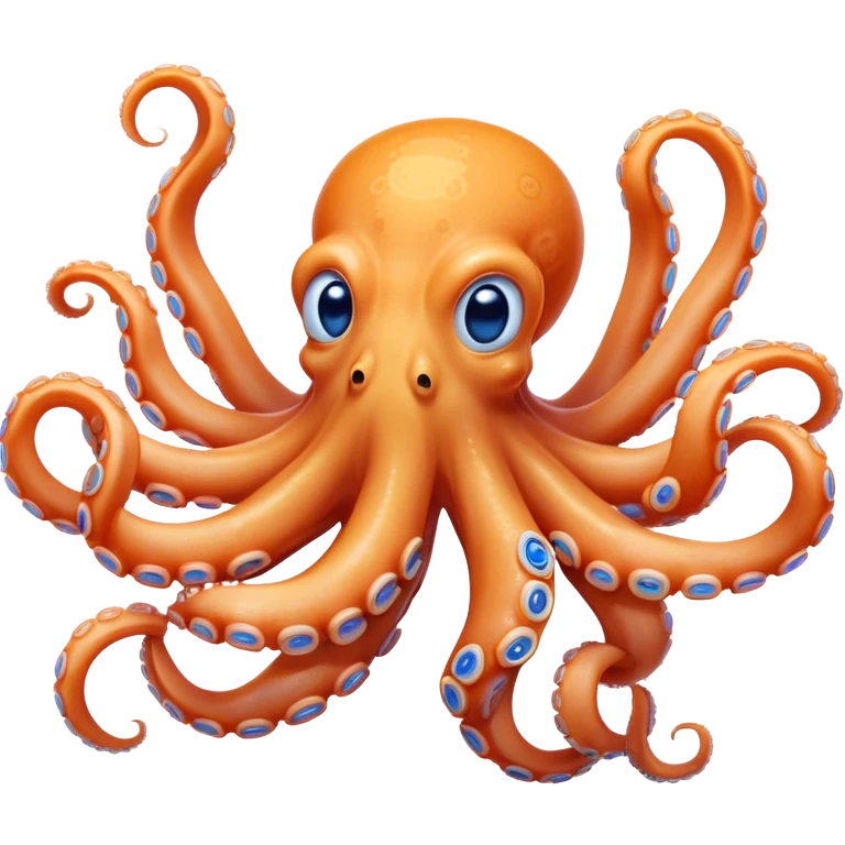 Cinematic Comical smirking Octopus Portrait Emoji, Head tilted dramatically with an exaggeratedly amused expression, featuring a rotund, light orange body festooned with bold blue rings and eight wildly expressive arms with comically animated suckers, Simplified yet hilariously expressive features, highly detailed, glowing with a slightly sassy underwater glow, high shine, dramatic yet playful, stylized with an air of quirky marine mischief, soft glowing outline, capturing the essence of a meme-worthy octopus that looks ready to squirt its way into viral fame! emoji