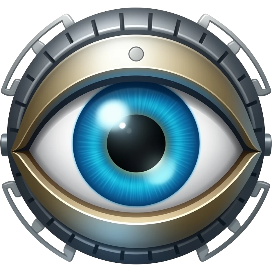 magical blue eye with a rotating mechanical iris, metallic rings and segments around the eye, intense vigilant look, slight glow, centered close-up, 3D glossy emoji style, clean background emoji