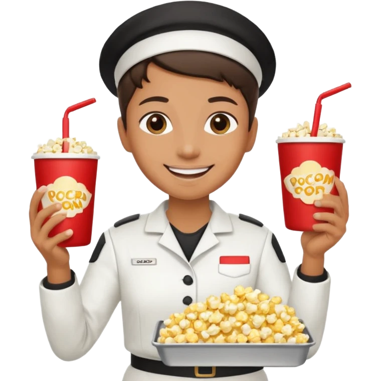 A smiling vendor carrying a tray of popcorn and drinks. emoji