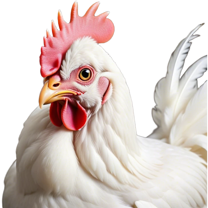 Cinematic Noble White Chicken Portrait Emoji, Poised and regal, with a compact, sturdy build and a pristine, well-groomed pure white plumage, deep-set soulful beady eyes, Simplified yet sharp and sophisticated features, highly detailed, glowing with a soft, dignified glow, high shine, intelligent and alert, stylized with an air of barnyard elegance, focused and attentive, soft glowing outline, capturing the essence of a watchful and confident fowl, so majestic it feels as though it could strut out of the screen with effortless authority! emoji