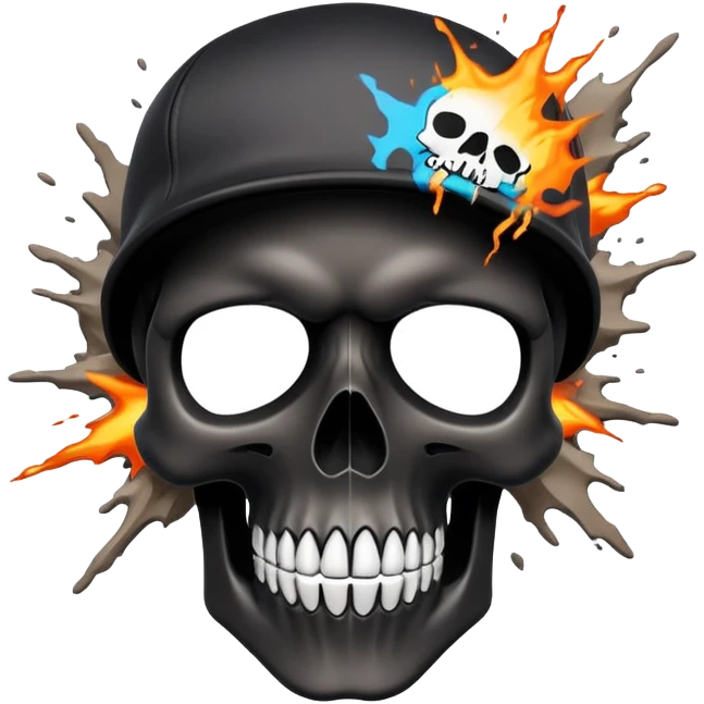 smooth black skull with wild graffiti explosion and hypebeast streetwear brand logos, angled view emoji