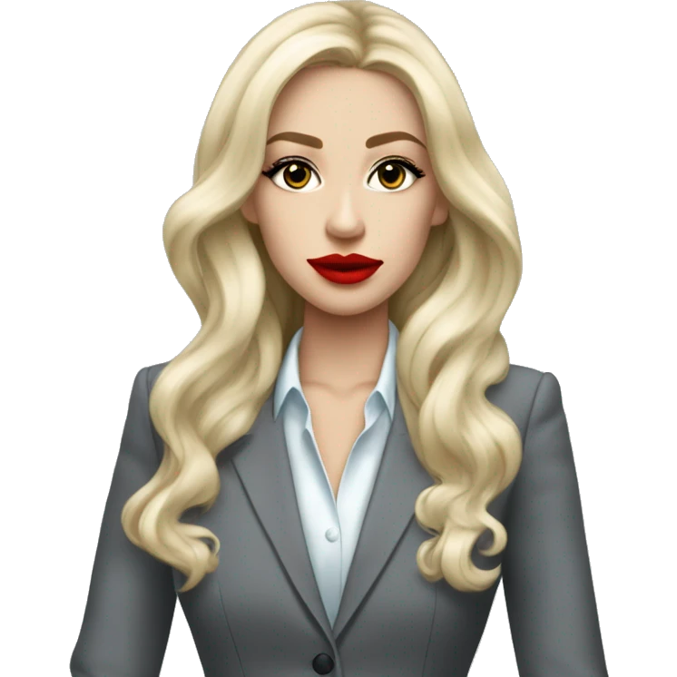Russian Blonde long hair with big red lips small nose and black eyes Tiffany diamond seller in a grey suit emoji