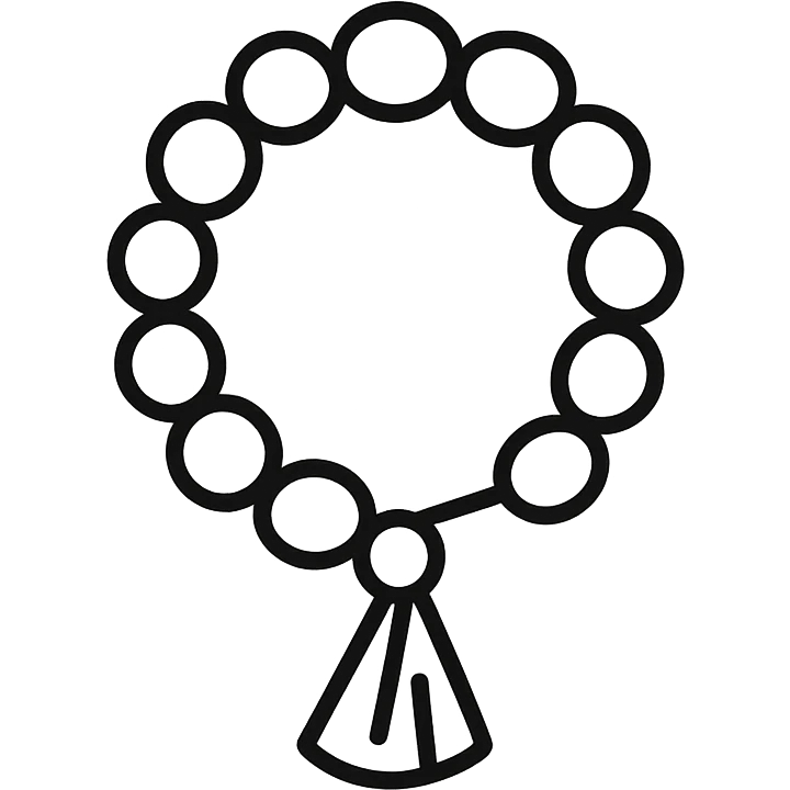 Ultra minimal prayer beads with just a few simple round beads and a tiny tassel, no extra details, plain background, hand drawn icon style with no fill. emoji