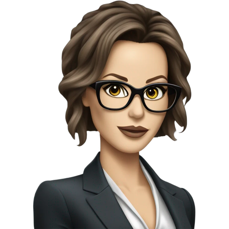 Elegant classy photo Kate Beckinsale blue eyes wearing glasses in a business meeting high fashion  emoji