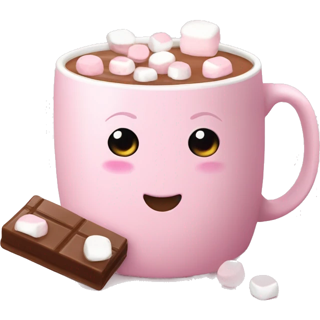Pale pink hot chocolate mug with hot chocolate in it and marshmallows emoji