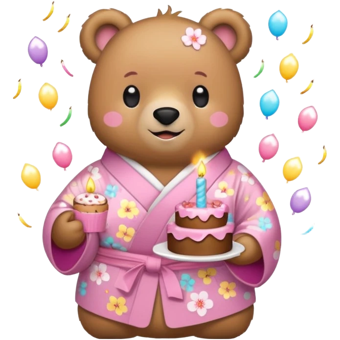 A cute light-brown bear wearing a pastel pink sakura-patterned kimono, normal balanced body ratio.  
Holding a small birthday cake with candles, smiling brightly with confetti and spark effects around.  
Kawaii emoji style, minimalistic clean sticker illustration, white background. emoji