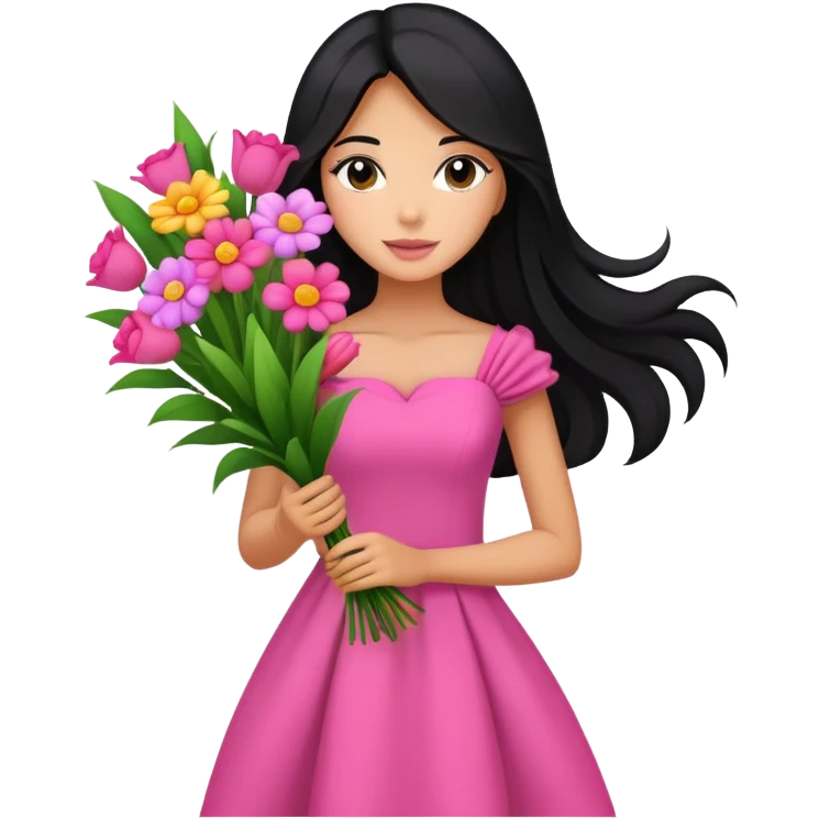 beautiful girl with long black hair wearing pink dress holding a colorful bouquet of flowers emoji