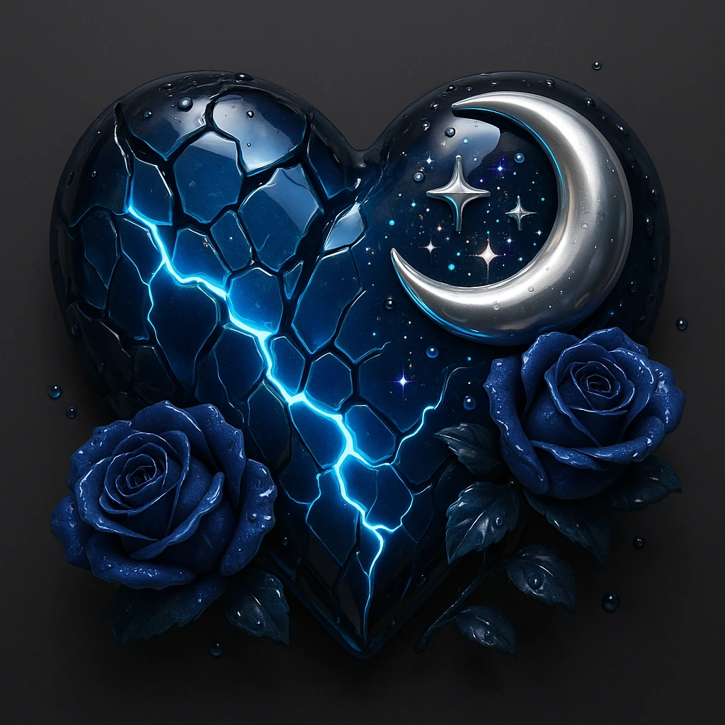 Create a gothic heart with splintered deep blue glass, silver crescent moon, midnight blue roses, holographic stardust, neon lightning, and a wet look. The style should emulate the 3D emoji style with a focus on depth and shine. emoji