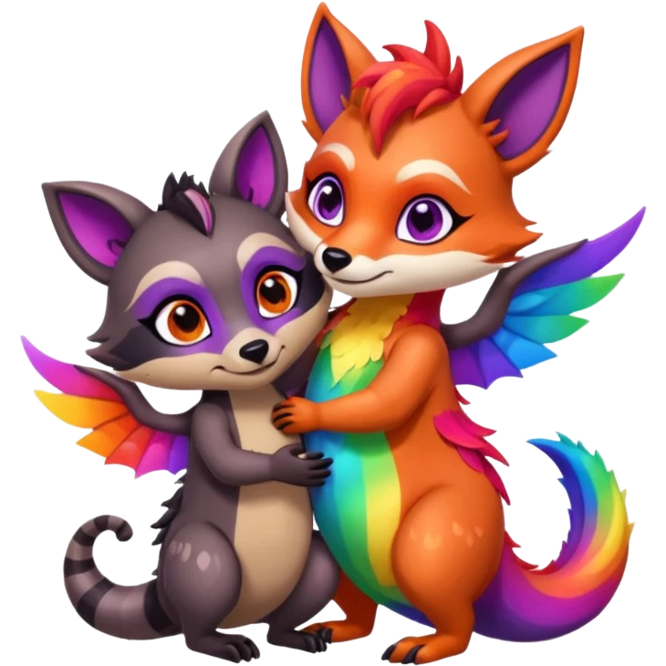 black female raccoon dragon hybrid with rainbow colored wings and purple eyes giving a big hug to a red female fox dragon hybrid with rainbow colored wings and orange eyes emoji
