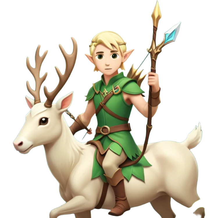 clash-of-clans-aesthetic-blond-male elf-archer-portrait-emoji, rendered in a flat, vector-style with minimal shading and bold, simplified shapes, head tilted slightly forward with a determined, focused expression, riding a majestic white stag whose antlers glow with mystical energy, set against an ancient, enchanted forest backdrop. emoji