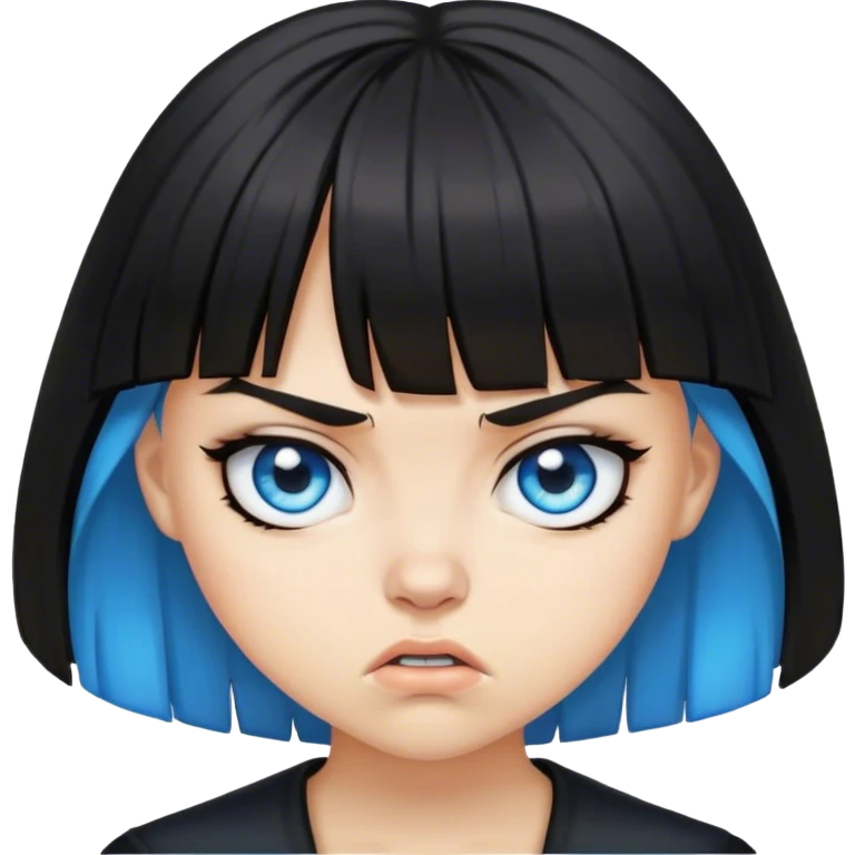 Girl angry wearing black with black medium length hair with bangs and blue eyes emoji