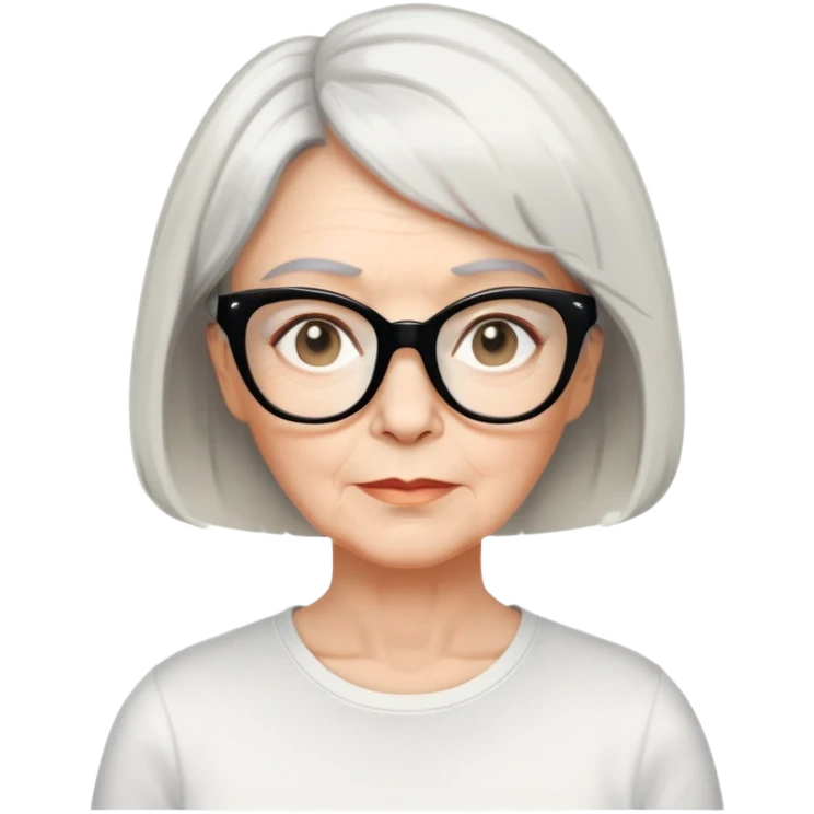 white older woman about 60 with light warm skin, short black bob haircut with slight waves at ends, neutral expression, large black shiny butterfly or cat-eye glasses, white casual t-shirt, calm and creative energy emoji