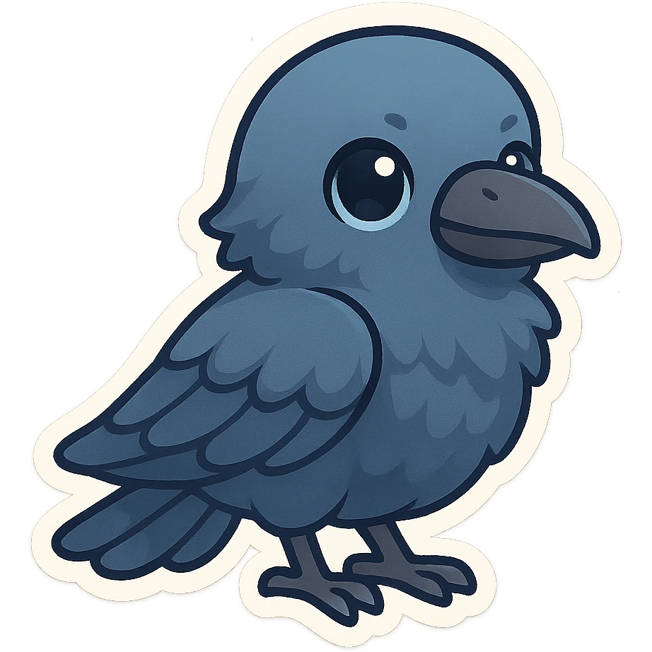 blue raven, cute, cartoonish, chibi stickers illustration style emoji