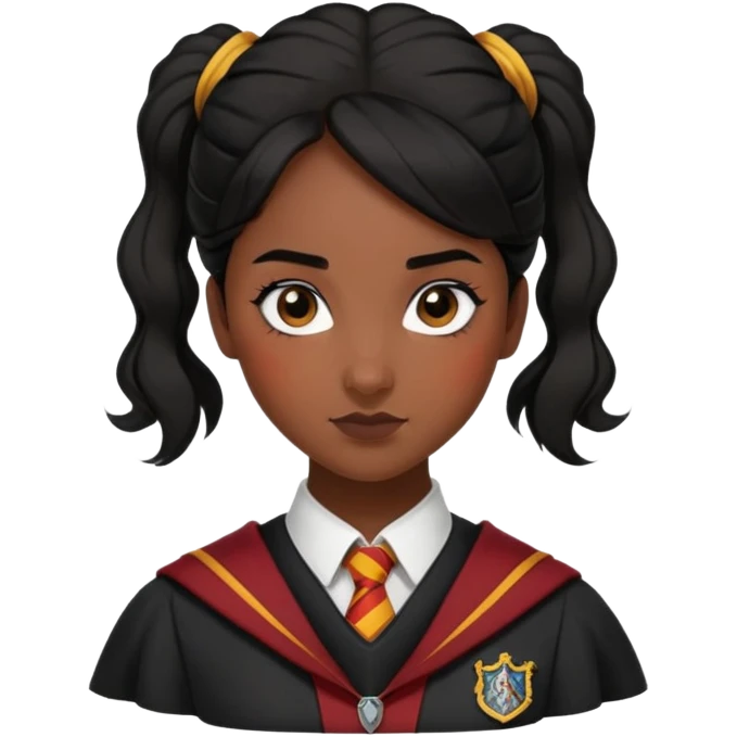 alicia spinnet in harry potter, wear hogwarts gryfindor uniform,  thick, black bun hair, black skin emoji