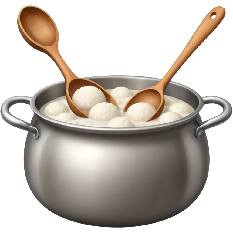 deep stainless steel pot with boiling floating glutinous rice flour balls and wooden spoon emoji
