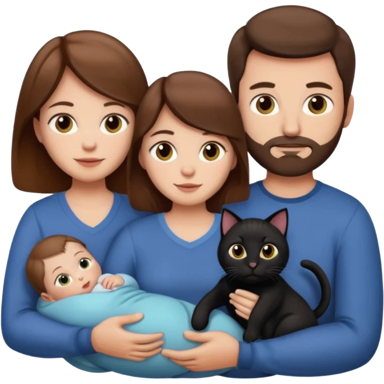 1 mom brown hair, 1 dad NO beard, 1 baby and 1 black cat emoji