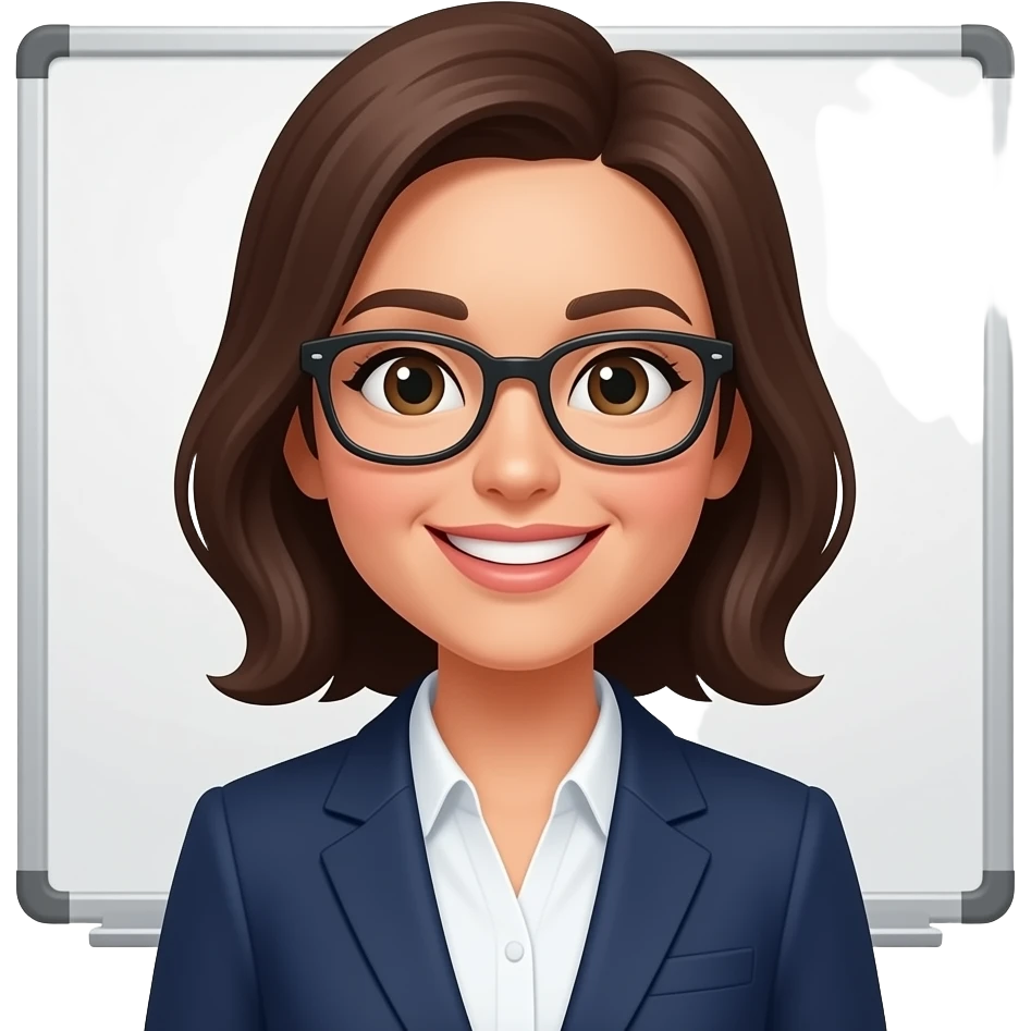 A white woman teacher smiling, behind her a white board emoji