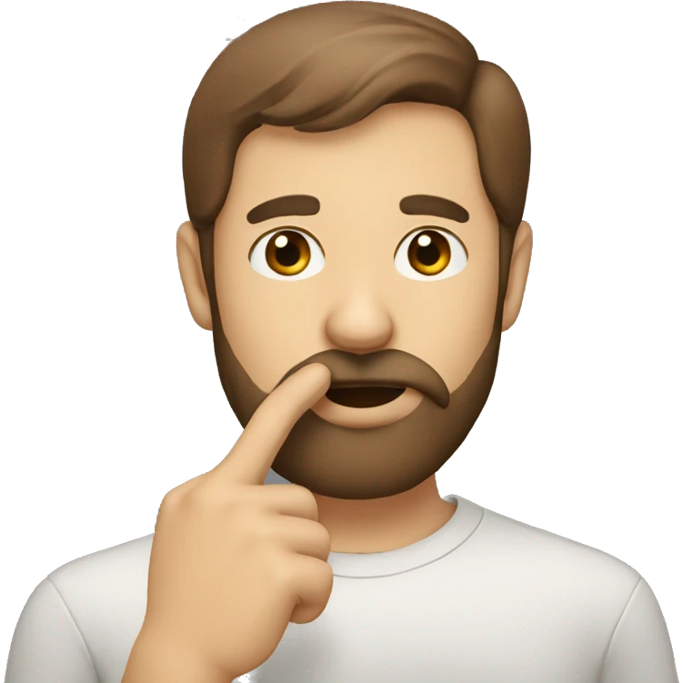 a bearded man with short brown hair, shushing with his finger emoji