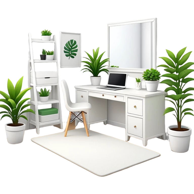 clean modern teenage bedroom with white furniture, white bed, white desk, white vanity, and potted plants emoji