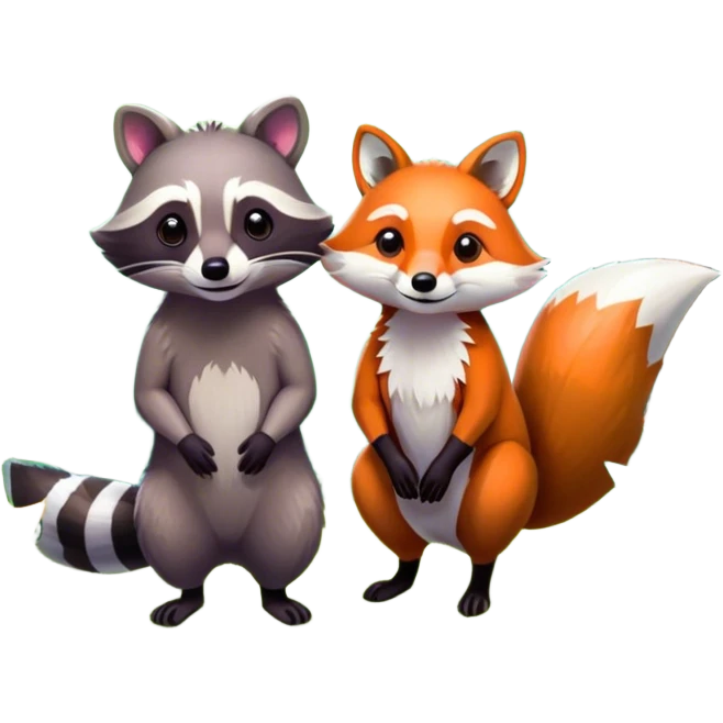 Collage of a raccoon and a fox, in close-up, surrounded by a colorful forest with rich green trees, thick bushes, and vibrant foliage. Sunlight peeks through the branches, casting warm light on the animals. A lively, natural setting with a transparent background. emoji
