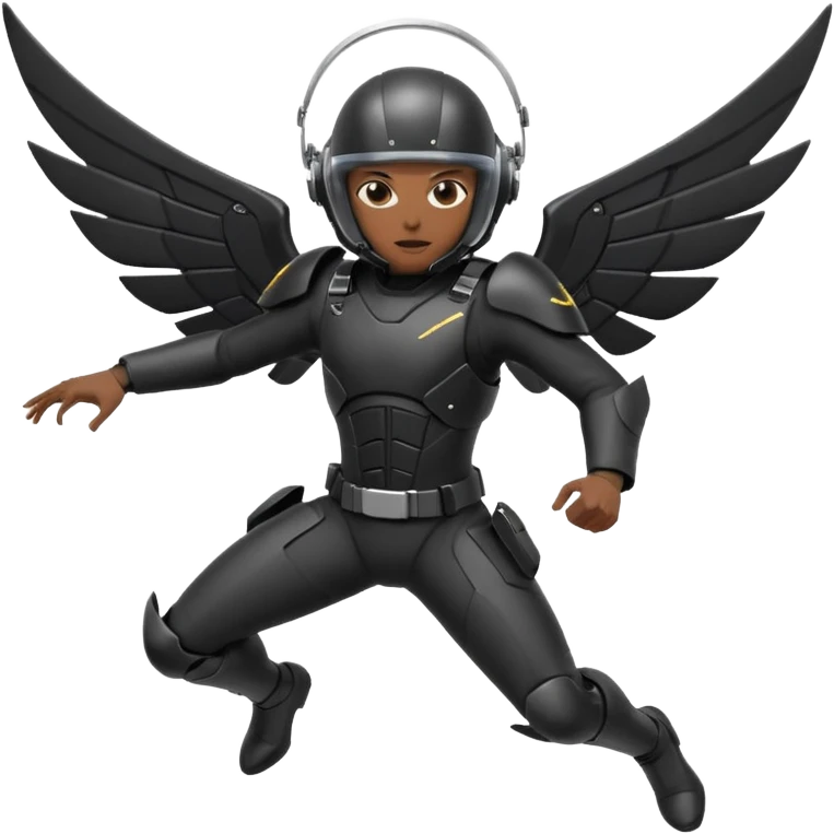 RAZORWING Look: Streamlined black suit with mechanical grappling wings folded behind Weapon: Sleek throwing knives strapped to chest and thighs Helmet: Visor with scanning HUD Vibe: Daring, sharp-eyed, fearless Stance: Leaping or gliding above the battlefield emoji