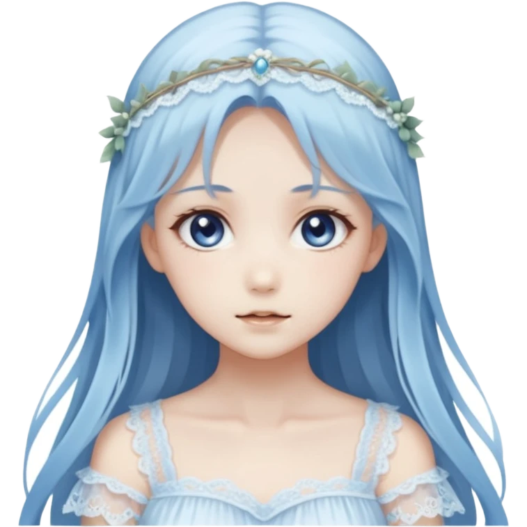 Beautiful ethereal pastel transparent translucent Gorgeous spectral dark greyish-blue whitish gloomy spectral Anime Poltergeist Lady with long hair with a beautiful white silky lace dress with a silky lace head band emoji