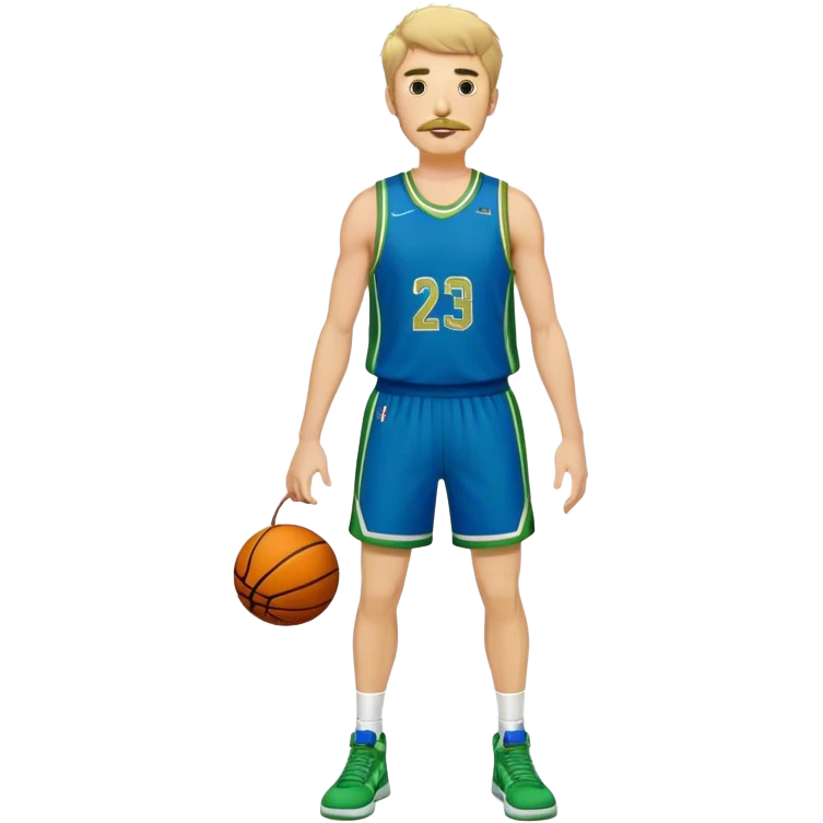 Full Body  white male basketball player with short shaggy hair and gold tee mustache wearing blue and green uniform emoji