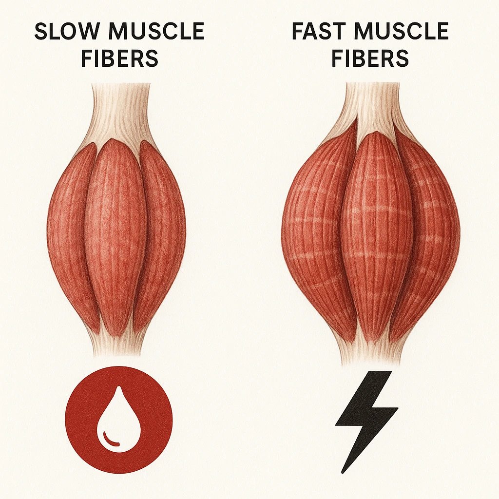 hyper realistic image comparing slow and fast muscle fibers, slow fibers appear saturated and low hypertrophic, saturation symbols, educational atmosphere, anatomical details, white background emoji