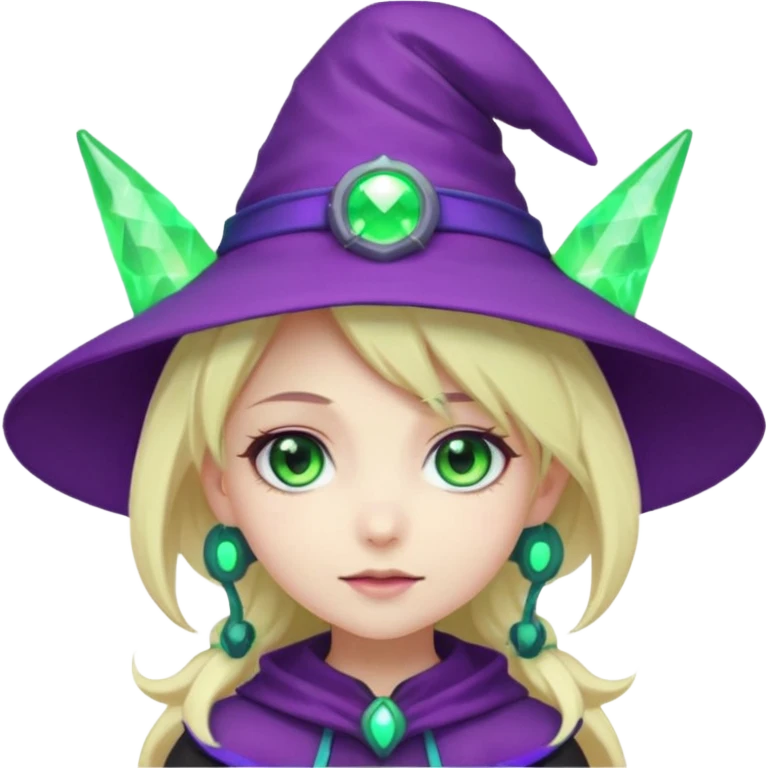 Make a blonde girl with green glowing headset on with teal eyes and a purple haired girl with green eyes waering a purple wit hes hat haveing fun , make them a chibi emoji page anime style emoji