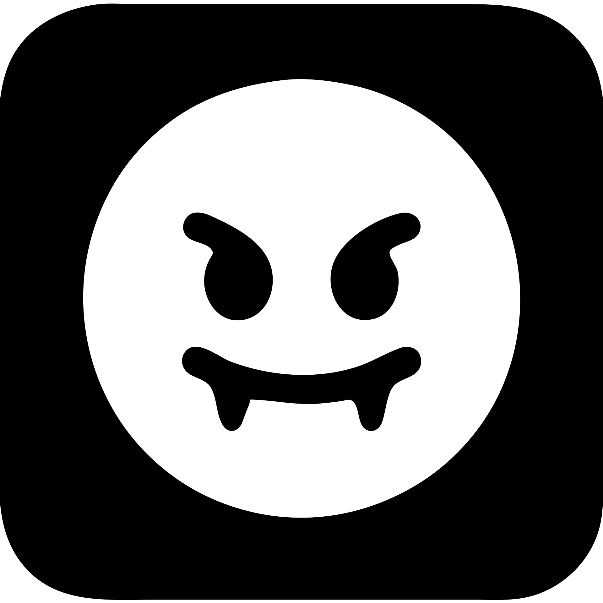 black square button with an angry face with black eyes, smile, and fangs, solid filled icon emoji