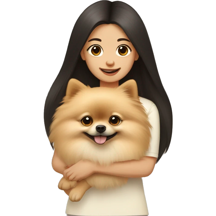 A cream-colored Pomeranian dog in the arms of a dark-haired girl emoji