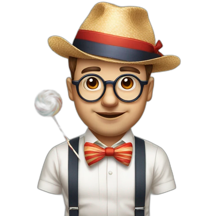 ugly big round frame glasses buckteeth week chin bowtie striped shirt suspenders holding a big lolipop with bad posture and a propeller hat portfolio manager emoji