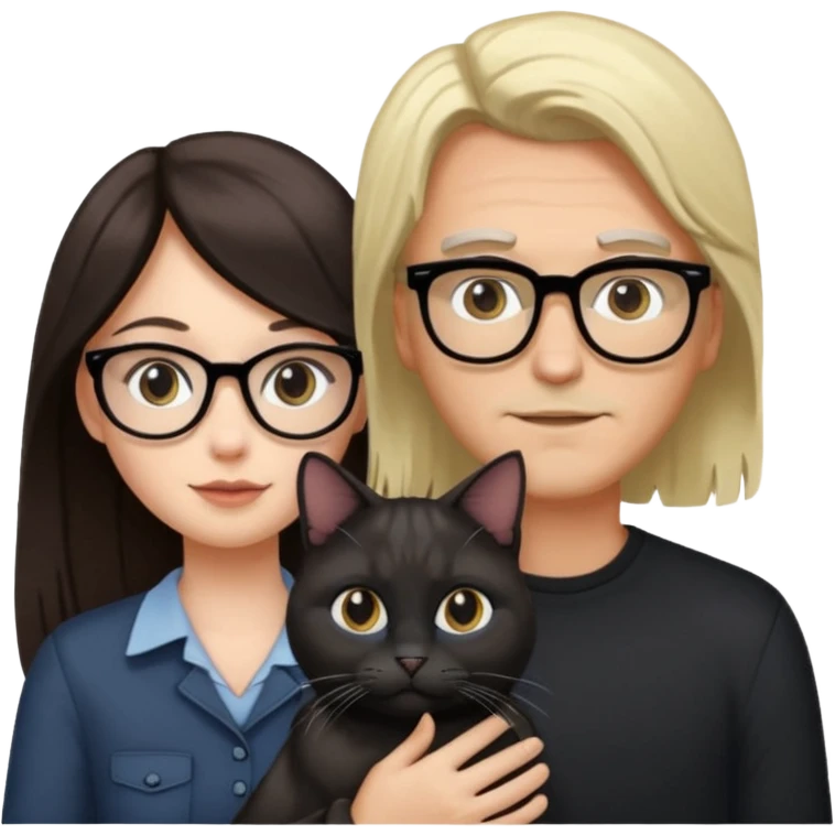 White girl with long dark brown hair and man with blonde hair and glasses. Holding one black cat and one grey cat emoji