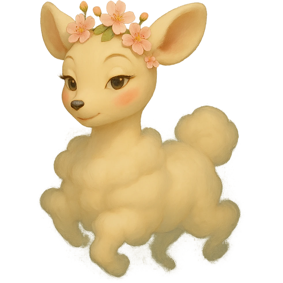 Make the front of this feminine adult vanilla cloud doe with rosy cheeks and cherry flowers, floating gracefully in a dreamy Ghibli-Pixar style. Keep the dreamy, elegant, and magical look with a transparent background. emoji