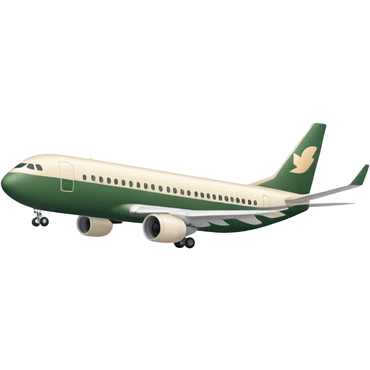 long passenger airplane, fully light beige (milky) color, only dark green (#173e12) inserts, no other colors, simple shapes, Apple emoji style, no text emoji