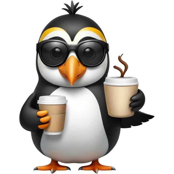 penguin with toucan beak holding a coffee cup and wearing sunglasses emoji