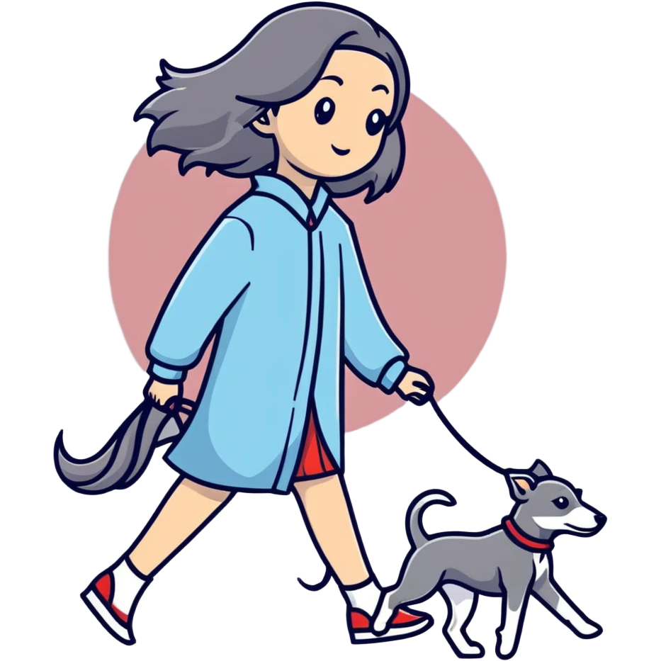 Japanese girl with flowing hair walking a grey greyhound emoji
