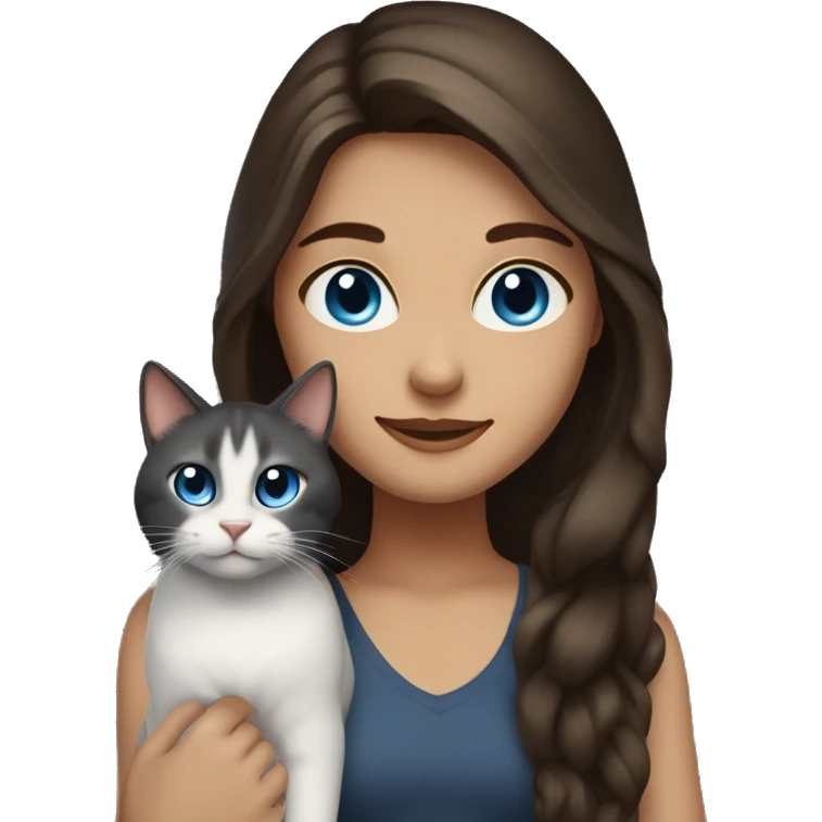 Brunette Girl with Long hair, Blue eyes and cuddeling a Brown-black-white Cat  emoji